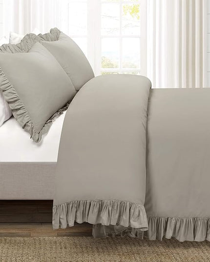 Lush Decor Reyna Ruffle 100% Cotton Duvet Cover Set - 3 Piece Cozy Ruffled Bedding Set - Timeless Elegance and Comfort - Full/ Queen, Gray - LeafyLoom