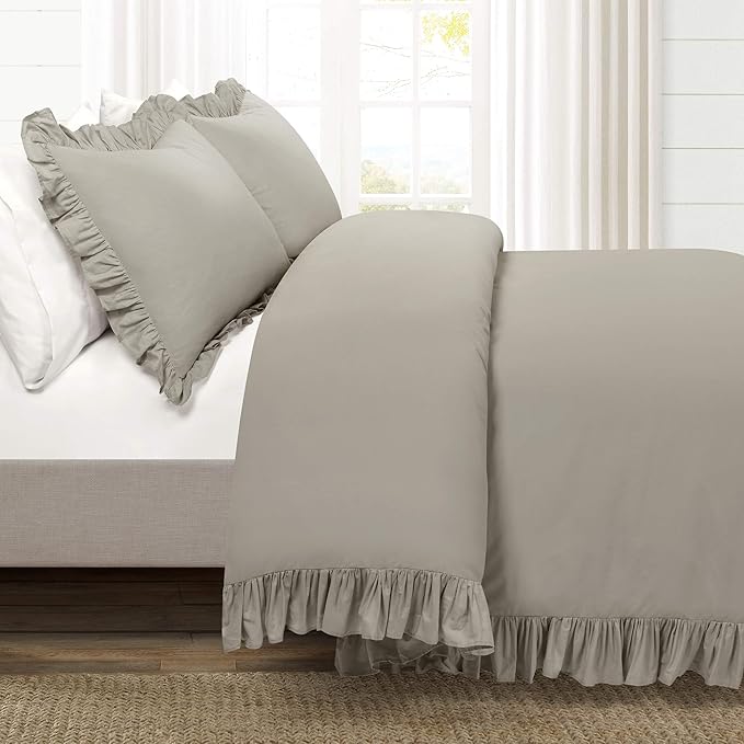 Lush Decor Reyna Ruffle 100% Cotton Duvet Cover Set - 3 Piece Cozy Ruffled Bedding Set - Timeless Elegance and Comfort - Full/ Queen, Gray - LeafyLoom