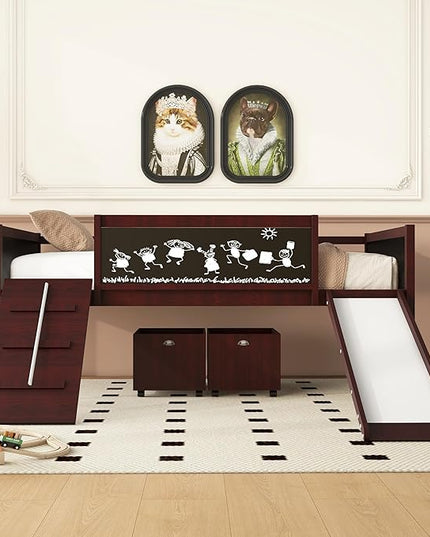 Twin Size Low Loft Bed with Slide and 2 Storage Boxes,Kids Low Loft Bed Frame with Climbing and Chalkboard,Solid Loft Bed Twin for Boys,Girls,Espresso - LeafyLoom