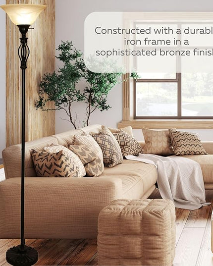 LIGHTACCENTS Bronze Floor Lamp with Alabaster Glass Bowl Shade for Living Room Decor - Torchiere Floor Lamps- Tall Floor Lamp - Traditional Iron Scrollwork Unique Floor Lamp for Living Room - LeafyLoom