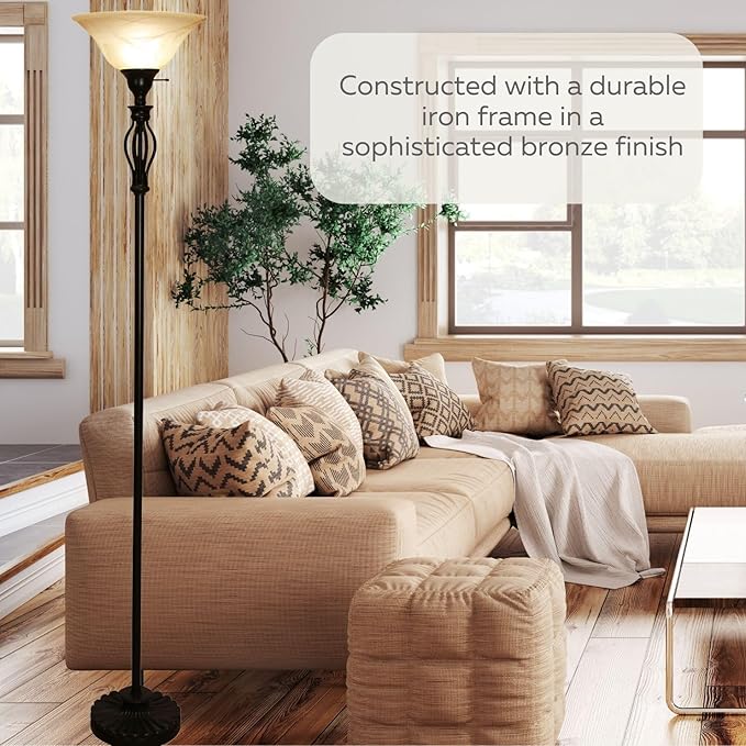 LIGHTACCENTS Bronze Floor Lamp with Alabaster Glass Bowl Shade for Living Room Decor - Torchiere Floor Lamps- Tall Floor Lamp - Traditional Iron Scrollwork Unique Floor Lamp for Living Room - LeafyLoom