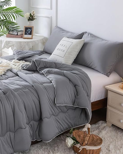 COTTEBED Ultra-Soft Comforter Set Queen/Full Size Bed, Jersey Knit T-Shirt Feeling Fluffy Cozy Comy Durable Lightweight Quilt Bedding Down Blanket & 2 Pillowcase for All Season Use, Dark Grey - LeafyLoom