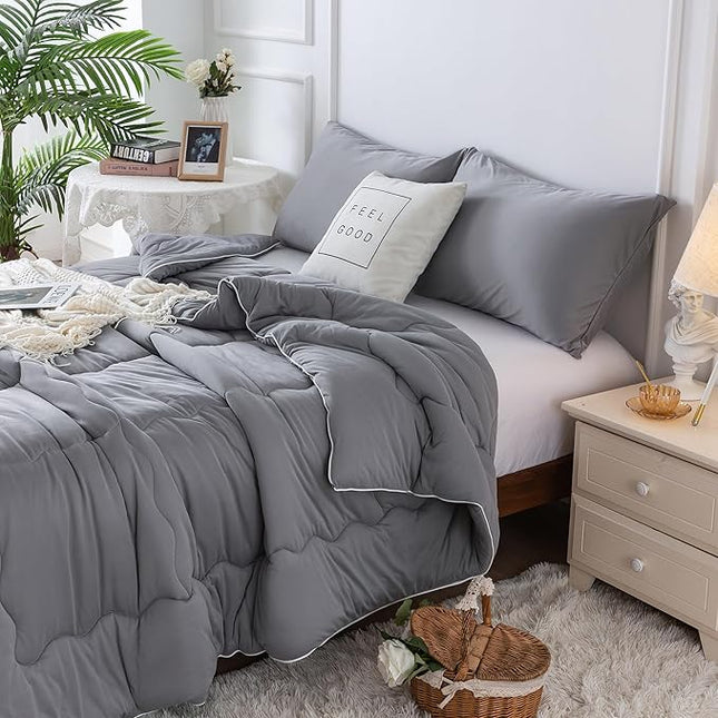 COTTEBED Ultra-Soft Comforter Set Queen/Full Size Bed, Jersey Knit T-Shirt Feeling Fluffy Cozy Comy Durable Lightweight Quilt Bedding Down Blanket & 2 Pillowcase for All Season Use, Dark Grey - LeafyLoom