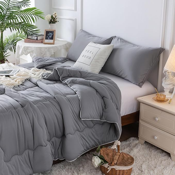 COTTEBED Ultra-Soft Comforter Set Queen/Full Size Bed, Jersey Knit T-Shirt Feeling Fluffy Cozy Comy Durable Lightweight Quilt Bedding Down Blanket & 2 Pillowcase for All Season Use, Dark Grey - LeafyLoom