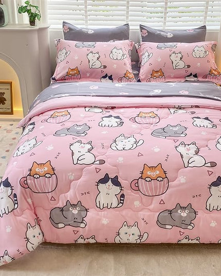 7 Piece Girls Cat Comforter Set Full Size Bed in A Bag Pink Cute Cartoon Pet Cats Bedding Set for Kids Boys Teens (1 Comforter, 1 Flat Sheet, 1 Fitted Sheet, 4 Pillow Sham) Gray - LeafyLoom