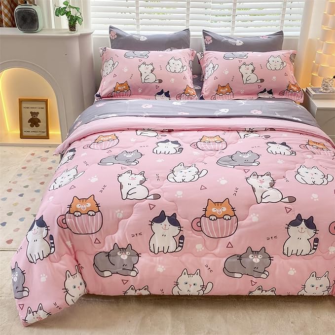 7 Piece Girls Cat Comforter Set Full Size Bed in A Bag Pink Cute Cartoon Pet Cats Bedding Set for Kids Boys Teens (1 Comforter, 1 Flat Sheet, 1 Fitted Sheet, 4 Pillow Sham) Gray - LeafyLoom