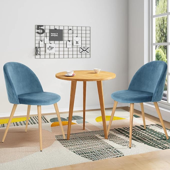 FurnitureR Upholstered Velvet Dining Chair Mid Back Armless with Wood Legs for Home Kitchen Bedroom Living Room, Set of 2, Sky Blue - LeafyLoom