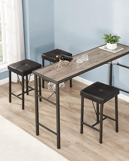 O&K FURNITURE 4 Piece Long Bar Table and Chairs Set, Counter Height Table with 3 Cushion Stools, Behind Couch Bar Table, Industrial Dining Table Sets for Breakfast Nook Living Room Small Space - LeafyLoom