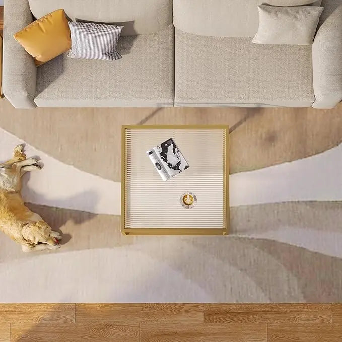 SAYGOER Modern Glass Coffee Table Small Squre Coffee Tables for Large or Small Space Unique Art Center Table for Living Room Home Office with Gold Metal Frame, Easy Assembly - LeafyLoom