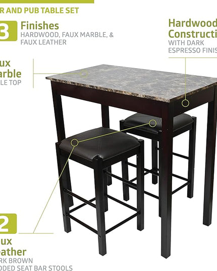 Pearington Remington High Top Counter Height Bar and Pub Table Set with 2 Chairs, Dark Espresso - LeafyLoom