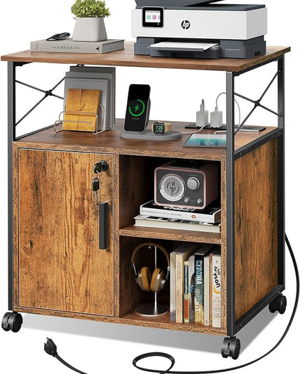 DEVAISE File Cabinet with Charging Station, Lockable Lateral Filing Cabinets for Home Office, Printer Cabinet Accommodates A4/Letter size file folders, Rustic Brown - LeafyLoom