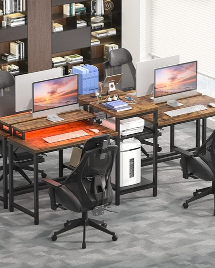 Unikito Double Computer Desk with LED Strip and Power Outlet, 2 Person Desk with Monitor Stand and Storage, Ergonomic Computer Desk with Printer Stand for Home Office, Long Gaming desk, Rustic Brown - LeafyLoom
