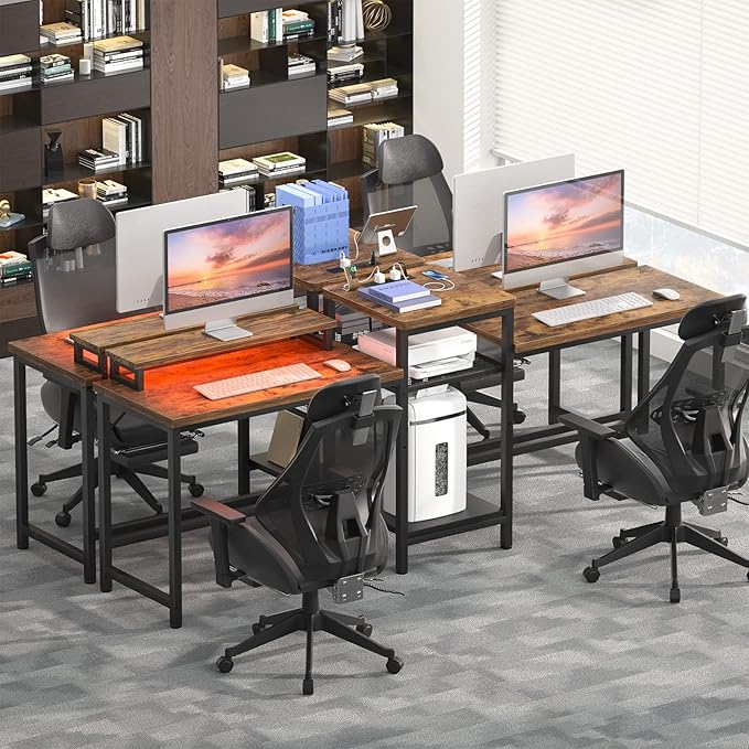 Unikito Double Computer Desk with LED Strip and Power Outlet, 2 Person Desk with Monitor Stand and Storage, Ergonomic Computer Desk with Printer Stand for Home Office, Long Gaming desk, Rustic Brown - LeafyLoom