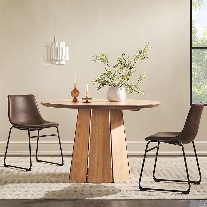 Walker Edison Scandinavian Paneled-Wood Pedestal Base Round Top Dining Table, 48 Inch, Cerused White - LeafyLoom