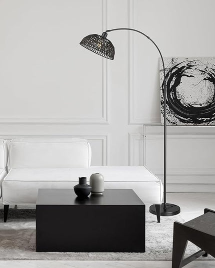 Rattan Floor Lamp, Retro Boho Arc Standing Lamp with Remote Control and Dimmable Bulb Farmhouse Bamboo Lamp Shade Floor Light Industrial Tall Lamp (Black) - LeafyLoom