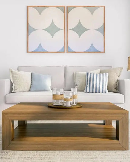 Plank+Beam Modern Rectangular Coffee Table with Shelf, Solid Wood, 40 Inch, Center Table with Storage, 2 Tier Tea Table for Living Room, Pecan Wirebrush - LeafyLoom