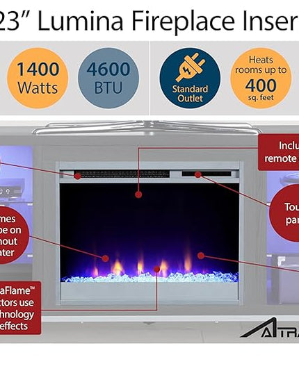 Ameriwood Home Lumina Fireplace TV Stand for TVs up to 48 Inch, Replaceable Electric Fireplace Insert Heater, Remote Control, Timer, Color Changing LED Lights, Crystal Ember Flames, White - LeafyLoom