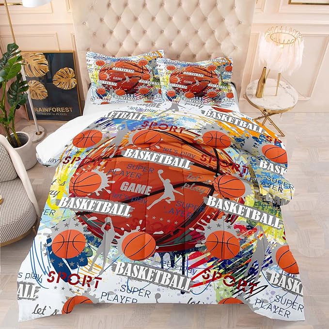 Tailor Shop Basketball Comforter Sets,Kids Twin Bedding Size,Basketball Bedding Sets for Boys Teens,Sport Comforter Sets with 1 Comforter 2 Pillowcases………… - LeafyLoom