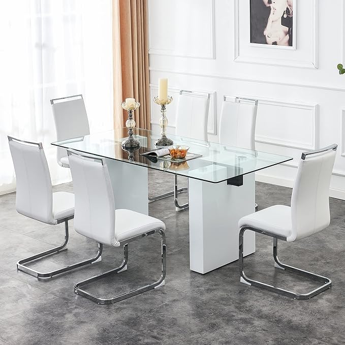 NicBex Large Modern Simple Rectangular Glass Table for 6-8 People, Equipped with 0.4-Inch Tempered Glass Table Top and Large MDF Table Legs for Kitchen, Dining Room, Living Room, White - LeafyLoom