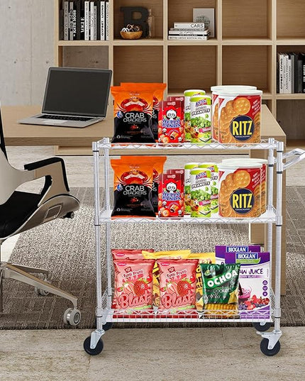 VEVOR Kitchen Utility Cart, 3 Tiers, Wire Rolling Cart with 661 LBS Capacity, Steel Service Cart on Wheels, Metal Storage Trolley with 80 mm Deep Basket Curved Handle PP Liner 6 Hooks, NSF Listed - LeafyLoom