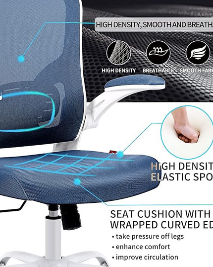 Ergonomic Office Desk Chair Breathable Mesh Swivel Computer Chair, Lumbar Back Support Task Chair, Office Chairs with Wheels and Flip-up Arms, Adjustable Height(White & Blue) - LeafyLoom