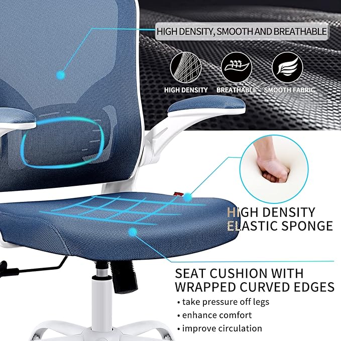 Ergonomic Office Desk Chair Breathable Mesh Swivel Computer Chair, Lumbar Back Support Task Chair, Office Chairs with Wheels and Flip-up Arms, Adjustable Height(White & Blue) - LeafyLoom