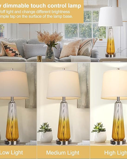 Table Lamps Set of 2 with Touch Control, 3-Way Dimmable Modern Glass Bedside Lamps with 2 USB Ports, Nightstand Lamp with White Fabric Shade, 27.5" Large Lamps for Living Room Bedrooms Decorations - LeafyLoom