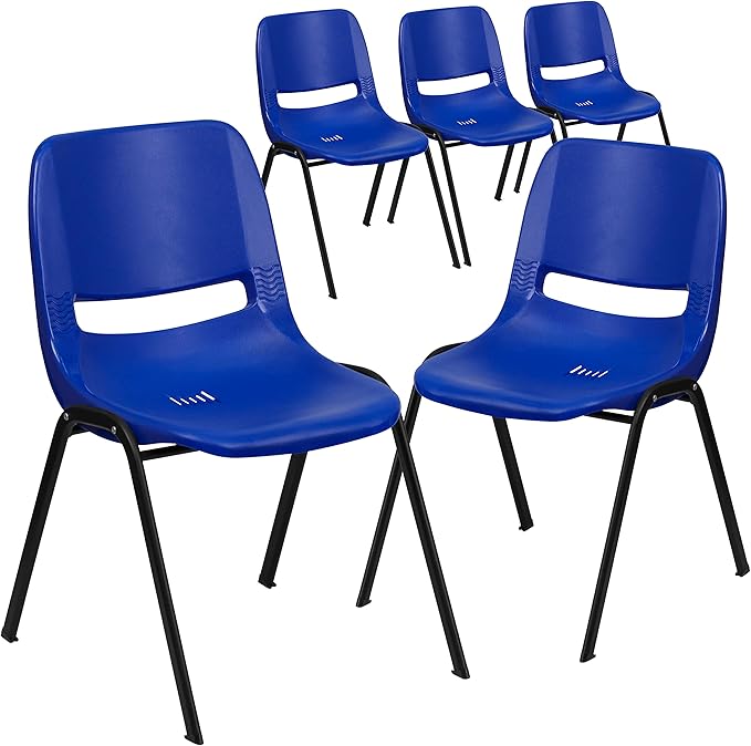 Flash Furniture 5 Pack HERCULES Series 661 lb. Capacity Navy Ergonomic Shell Stack Chair with Black Frame and 16'' Seat Height - LeafyLoom