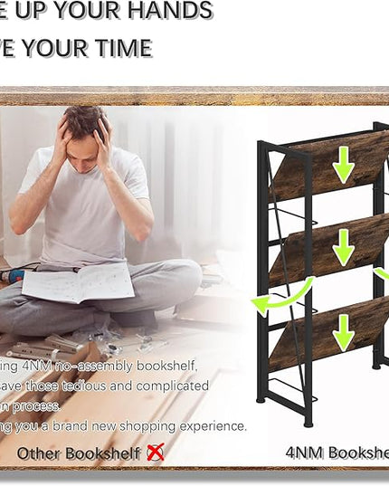 4NM No-Assembly Folding Bookshelf Storage Shelves 3 Tiers Vintage Bookcase Standing Racks Study Organizer Home Office (Rustic Brown and Black) - LeafyLoom