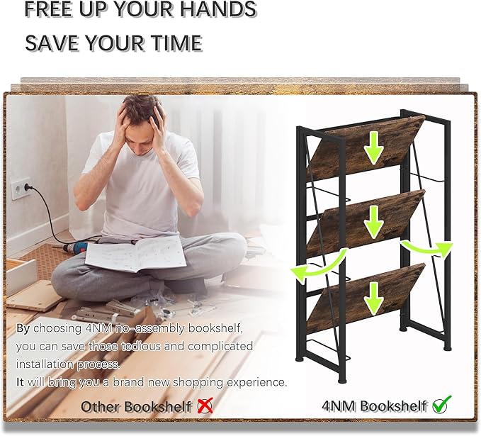 4NM No-Assembly Folding Bookshelf Storage Shelves 3 Tiers Vintage Bookcase Standing Racks Study Organizer Home Office (Rustic Brown and Black) - LeafyLoom