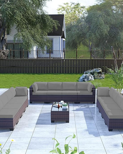 Kullavik 14PCS Outdoor Patio Furniture Set PE Wicker Rattan Sectional Sofa Patio Conversation Sets,Grey - LeafyLoom