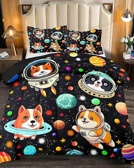Dog Full Comforter Set for Boys Outer Space Dog Bedding Set Cute Cartoon Dog Astronaut Prints Bedding Kids Comforter Sets 3 Pieces Funny Space Dog Full Size Quilt Set with 2 Pillowcases - LeafyLoom