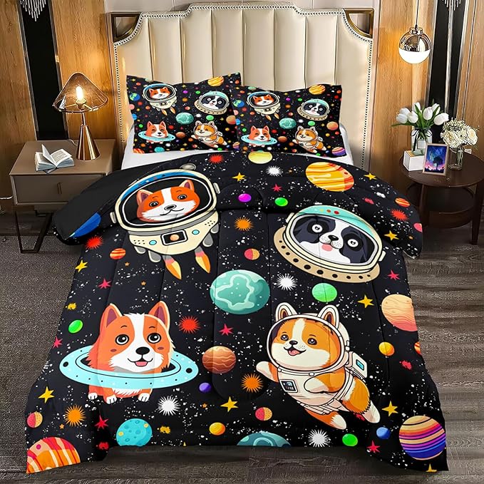 Dog Full Comforter Set for Boys Outer Space Dog Bedding Set Cute Cartoon Dog Astronaut Prints Bedding Kids Comforter Sets 3 Pieces Funny Space Dog Full Size Quilt Set with 2 Pillowcases - LeafyLoom
