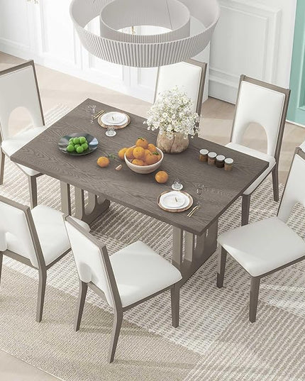 60 Inch Dining Table Set for 6, 7-Piece Rectangular Dining Table and 6 Upholstered Chairs with Special U-Shape Design, Wood Kitchen Table Set for Dining Room, Grey+Beige - LeafyLoom
