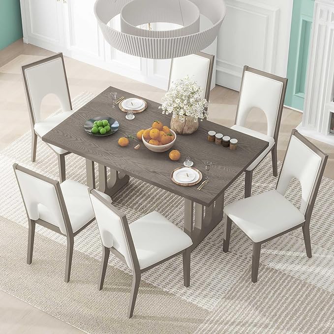 60 Inch Dining Table Set for 6, 7-Piece Rectangular Dining Table and 6 Upholstered Chairs with Special U-Shape Design, Wood Kitchen Table Set for Dining Room, Grey+Beige - LeafyLoom