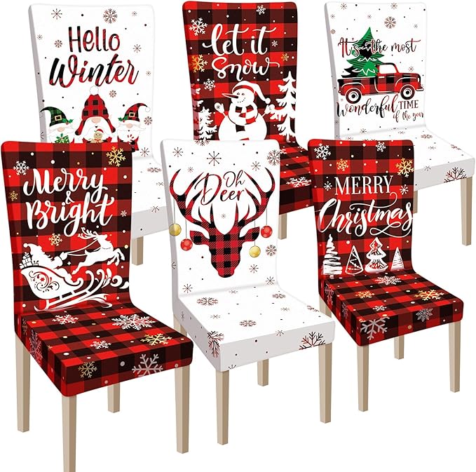 Ganeen 6 Pcs Christmas Chair Covers Merry Christmas Chair Back Cover Stretch Christmas Seat Cover Washable Xmas Dining Chair Protector Slipcover for Dining Room Kitchen Holiday Party (Cute Style) Ganeen