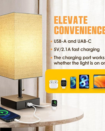 Bedside Lamp for Bedroom with USB Port, Beige Table Lmp with USB C + A Charging Ports, Pull Chain Nightstand Lamp with Fabric Shade for Living Room, Dorm, Home Office (LED Bulb Included) - LeafyLoom