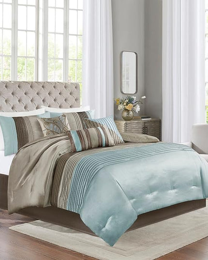 Madison Park Amherst Faux Silk Comforter Set-Casual Contemporary Design All Season Down Alternative Bedding, Matching Shams, Bedskirt, Decorative Pillows, King(104"x92"), Blue, 7 Piece (MP10-043) - LeafyLoom