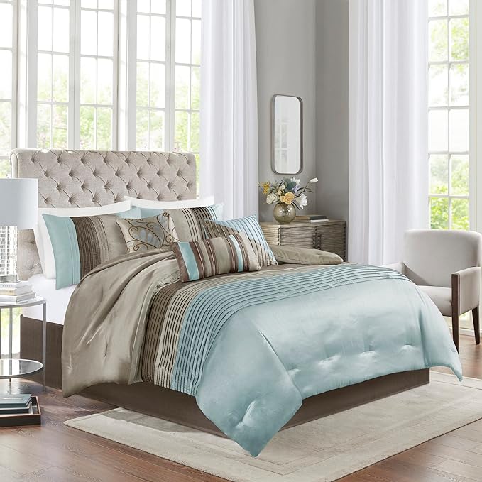 Madison Park Amherst Faux Silk Comforter Set-Casual Contemporary Design All Season Down Alternative Bedding, Matching Shams, Bedskirt, Decorative Pillows, King(104"x92"), Blue, 7 Piece (MP10-043) - LeafyLoom