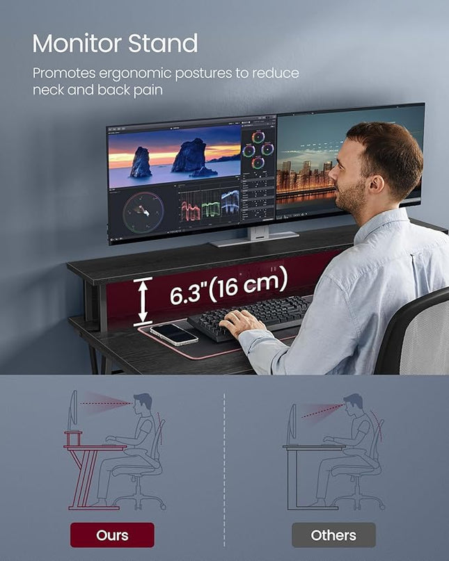 VASAGLE LED Gaming Desk with Power Outlets, Computer Desk with USB Ports, Office Desk with Monitor Stand for 2 Monitors, with Hooks, for Bedroom, 23.6 x 47.2 x 29.5 Inches Ebony Black ULWD092B56 - LeafyLoom