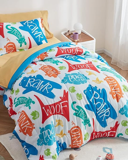 SLEEP ZONE Kids Bedding Comforter Set Full/Queen Size - Super Soft & Cute Printed 3-Piece Comforter Set All Seasons for Boys, Girls, Fade Resistant, Machine Washable, Happy Animal - LeafyLoom
