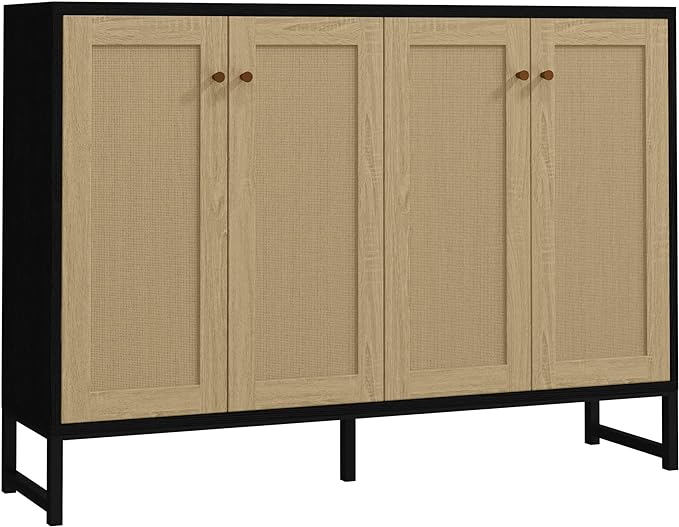 Panana Sideboard Accent Storage Cabinet with Rattan Decorated 4 Doors Dining Room Freestanding Kitchen Buffet Table Cupboard (Black) - LeafyLoom