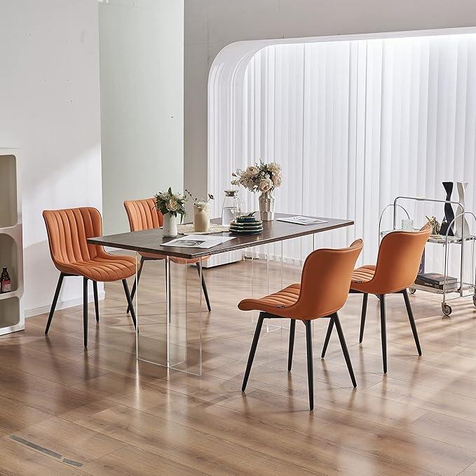 YOUNUOKE Dining Chairs Set of 2 Upholstered Mid Century Kitchen Chairs Armless Faux Leather Modern Side Chair with Padded Back Metal Legs for Living Room Bedrooms, Matte Orange - LeafyLoom