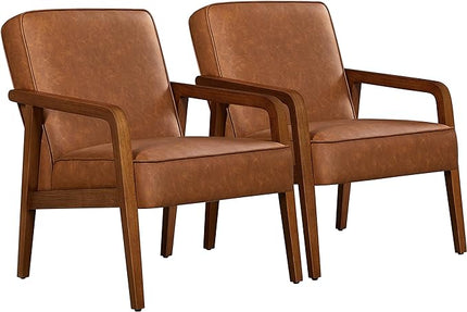 Yaheetech PU Leather Accent Chair, Mid-Century Modern Barrel Chair with Wooden Frame and Soft Thick Padded for Living Room Bedroom Home Office, 2 Pieces, Light Brown - LeafyLoom