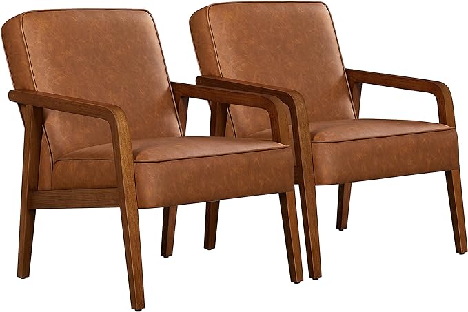 Yaheetech PU Leather Accent Chair, Mid-Century Modern Barrel Chair with Wooden Frame and Soft Thick Padded for Living Room Bedroom Home Office, 2 Pieces, Light Brown - LeafyLoom