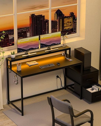 GreenForest Small Desk for Bedroom, 39.4 inch Computer Desk with 2 Drawers, Gaming Desk with LED Light and Power Outlet, Reversible Office Desk with Monitor Stand, Desk for Small Spaces, Black - LeafyLoom