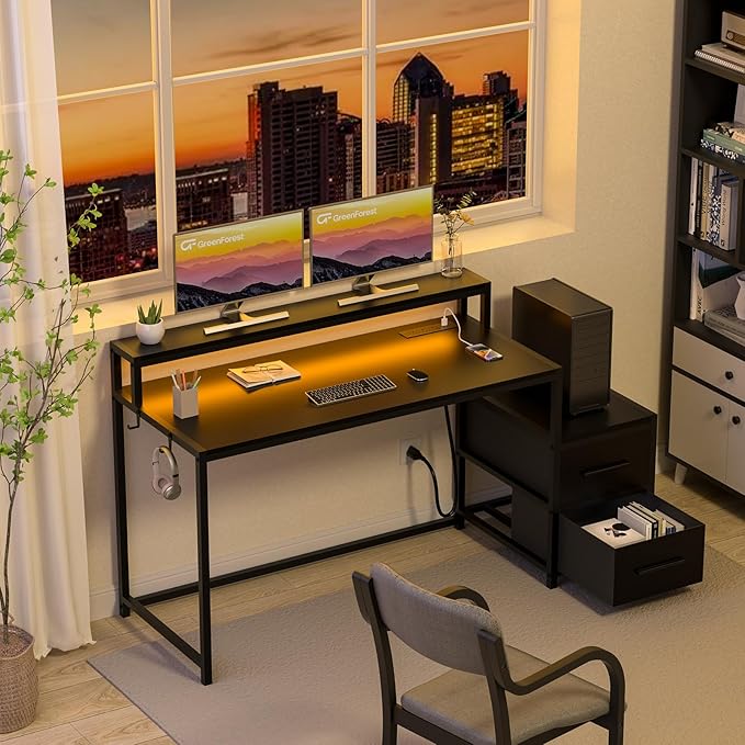 GreenForest Small Desk for Bedroom, 39.4 inch Computer Desk with 2 Drawers, Gaming Desk with LED Light and Power Outlet, Reversible Office Desk with Monitor Stand, Desk for Small Spaces, Black - LeafyLoom