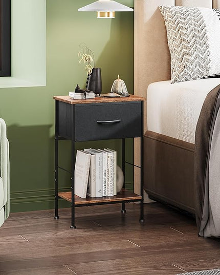 WLIVE Nightstand, End Table with Fabric Storage Drawer and Open Wood Shelf, Bedside Furniture with Steel Frame, Side Table for Bedroom, Dorm, Easy Assembly, Black and Rustic Brown, 24.9" Height - LeafyLoom