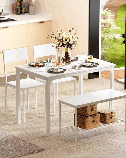 sogesfurniture Modern 4-Piece Kitchen Dining Table Set with 1 Bench and 2 Chairs, Kitchen Bench Table Set for 4, Wooden Kitchen Table and Chairs for Limited Space,White - LeafyLoom