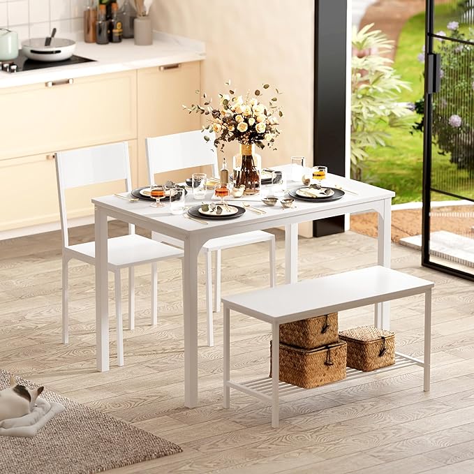 sogesfurniture Modern 4-Piece Kitchen Dining Table Set with 1 Bench and 2 Chairs, Kitchen Bench Table Set for 4, Wooden Kitchen Table and Chairs for Limited Space,White - LeafyLoom